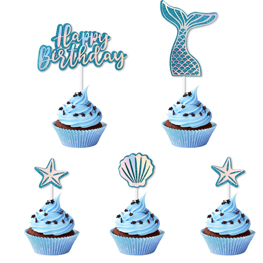 Mermaid Birthday Party Decor Glitter Mermaid Tail Sea Shells Starfish Cake Topper Baby Shower Girls 1st 2th Birthday Party Decor