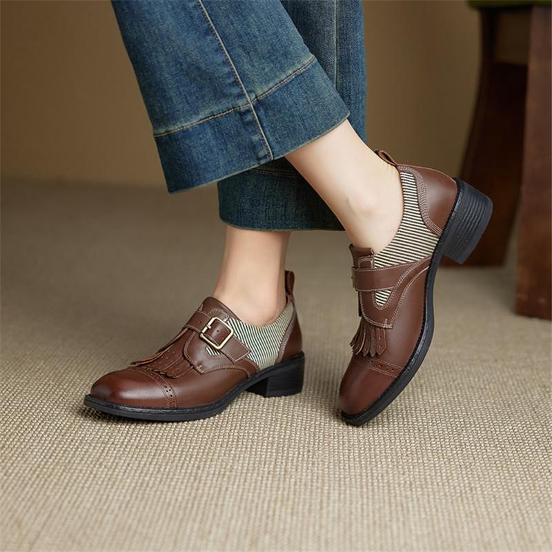 Moda Nuove Scarpe da Donna in Vera Pelle Primavera/Autunno Mocassini a Punta Tonda Scarpe da Donna Moda Pumps da Donna Tacco Alto Chunky
