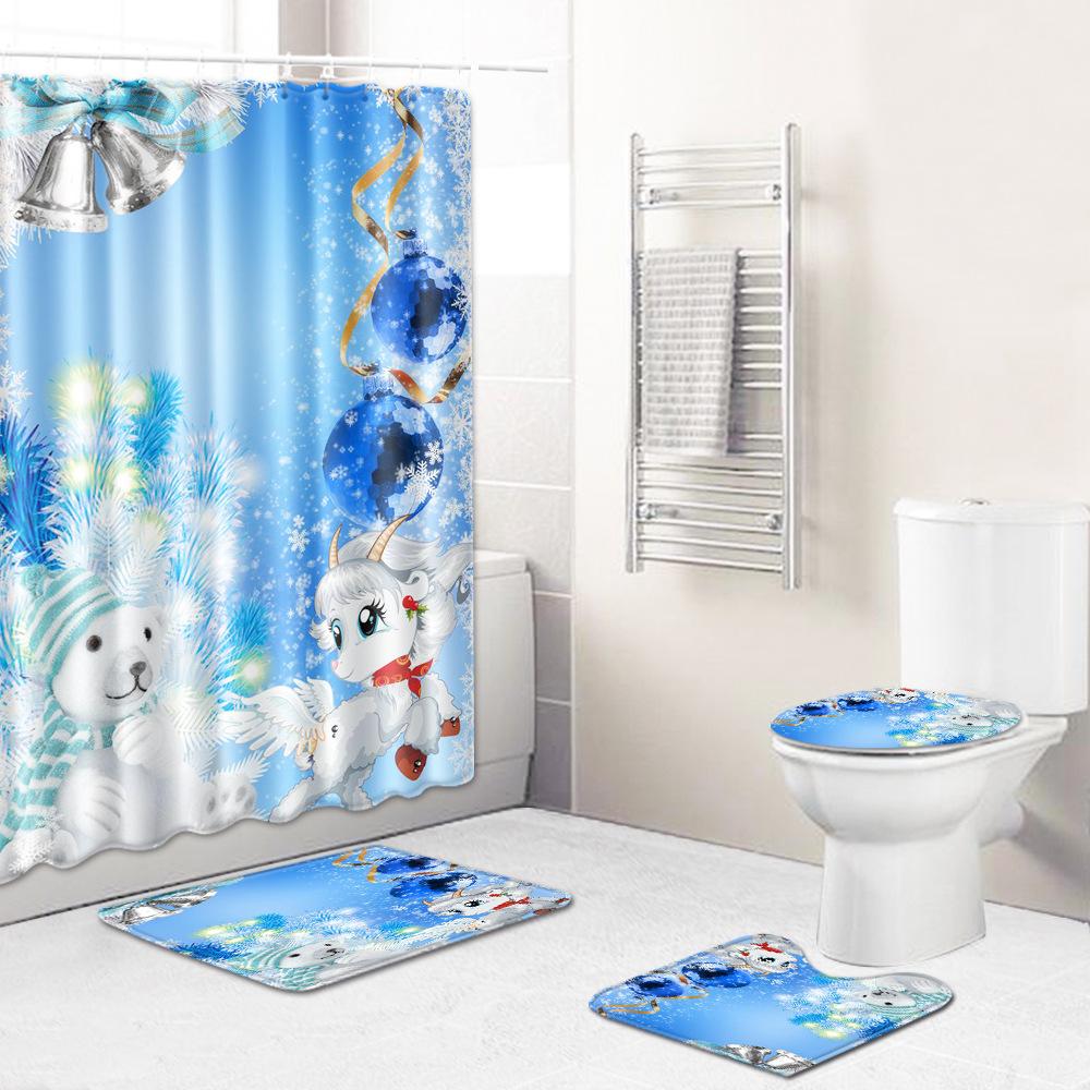 Christmas Shower Curtain Floor Mat Combination Four-Piece Set Bathroom Toilet Carpet Shower Room Mat Foot Mat