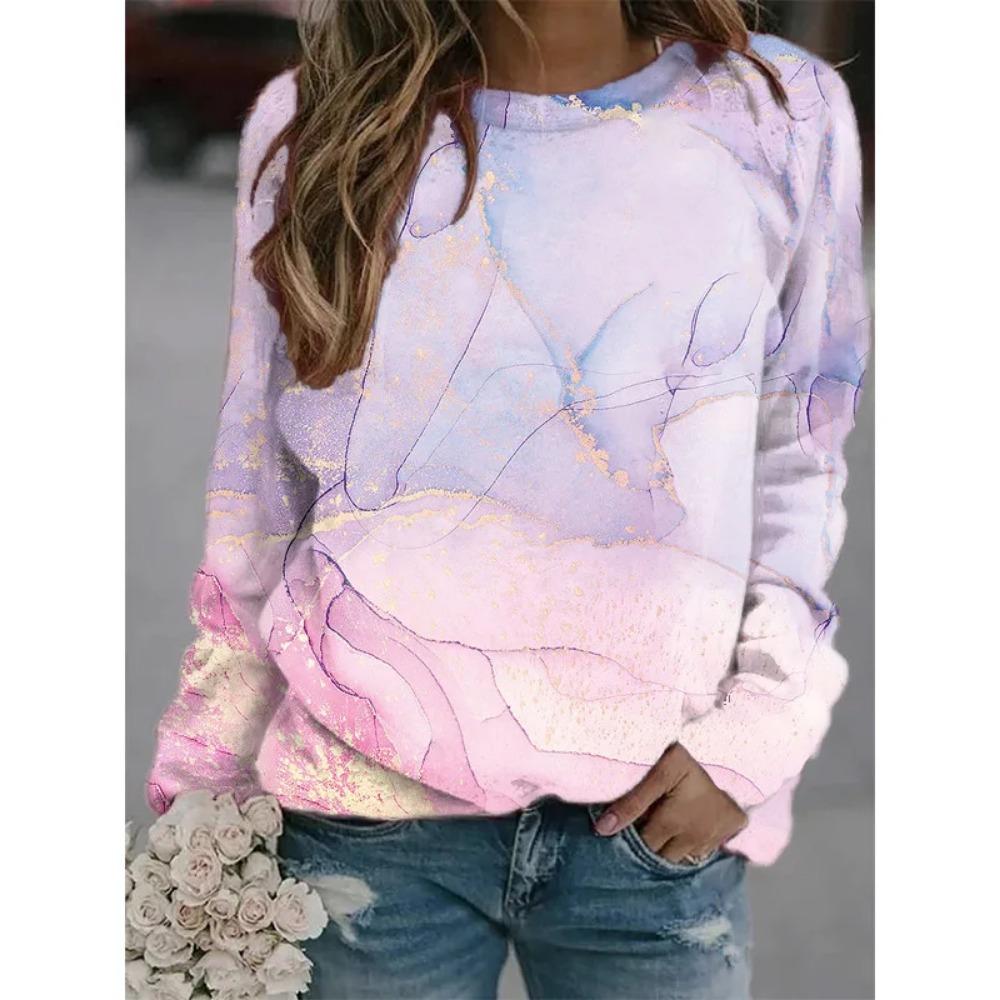 Hot Selling New Marble Texture 3D Printed Women's Casual Round Neck Long Sleeved T-shirt
