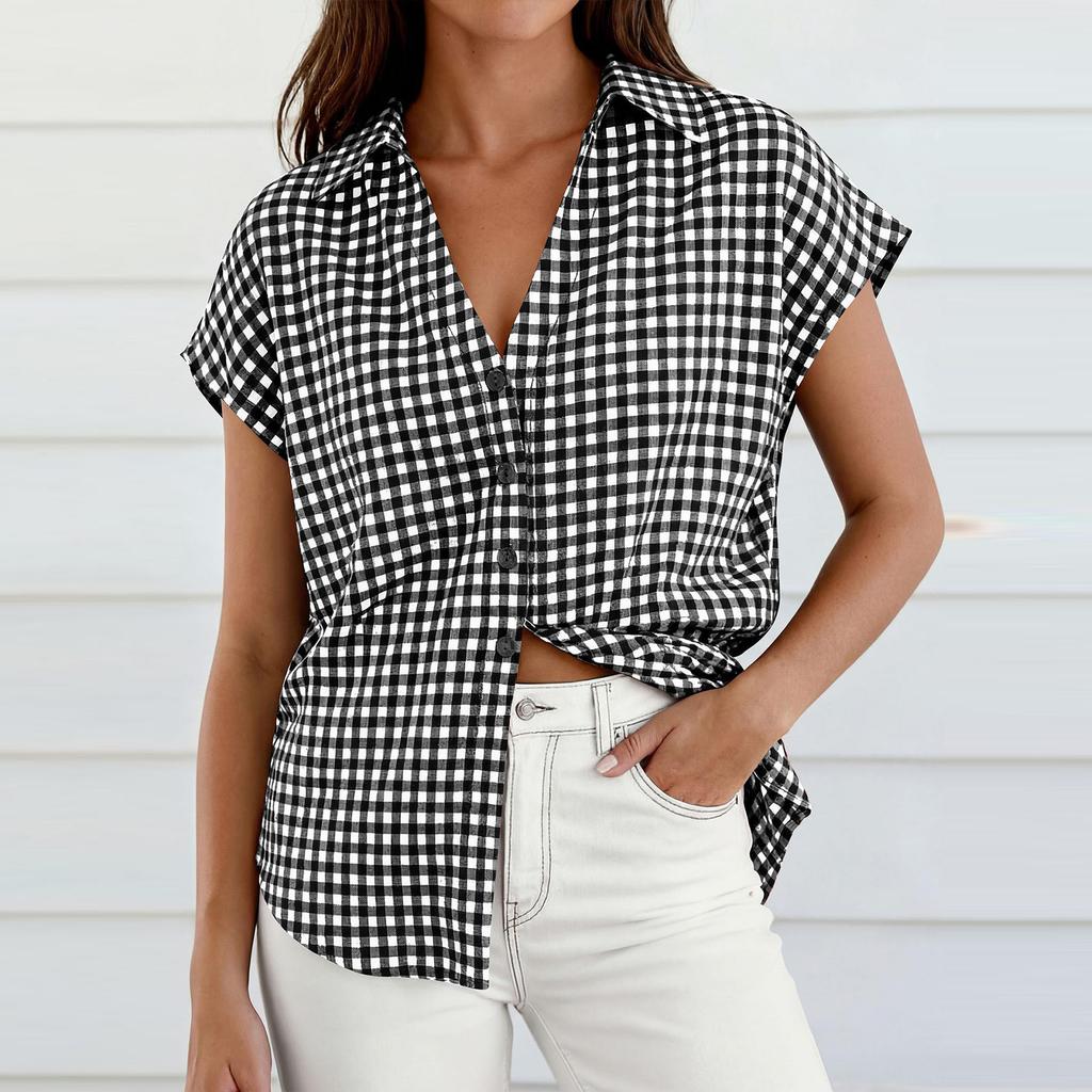 Damen Casual Locker Sitzendes Kariertes Kurzarmhemd Top mit Knopfleiste und vorne gebundenem Knotenkragen Bluse für Sommer Tägliche Kleidung