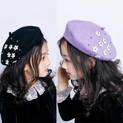 Fashion Pearl Flower Children Beret Hat Girls Wool Hat Warm Painter Hat Daughter Gifts for Birthday Christmas Halloween