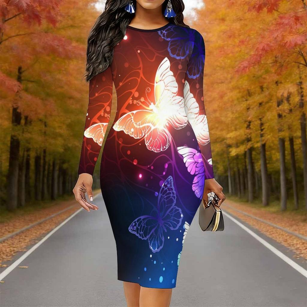 Plus Size Women Long Sleeve Round Neck Midi Dress Vibrant Butterfly Print Fitted Pencil Dress