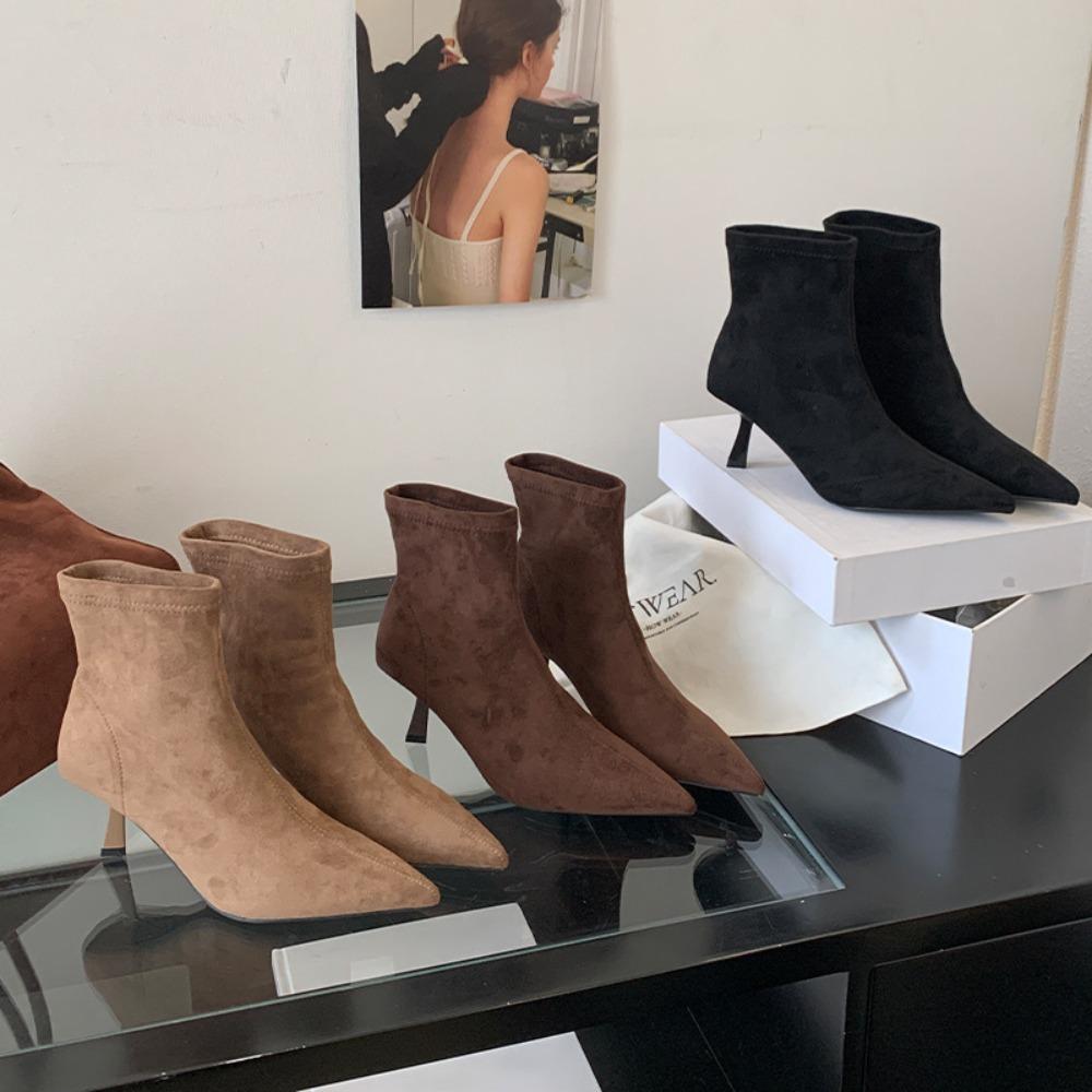 Brown Short Boots Women's  New Spring and Autumn Suede French High-heeled Ankle Boot Pointed Elastic Fashion Thin Boots