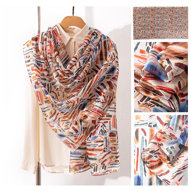 Mulberry silk silk scarf women s high-end sense graffiti striped printed scarf autumn new scarf warm shade shawl women 176*110
