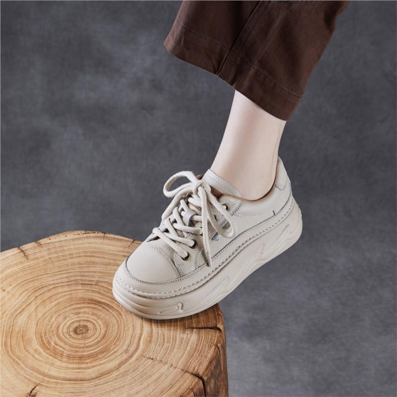 Johnature Pantofi de damă din piele naturală cu talpă groasă pentru creșterea în înălțime, pantofi albi casual confortabili cu talpă plată