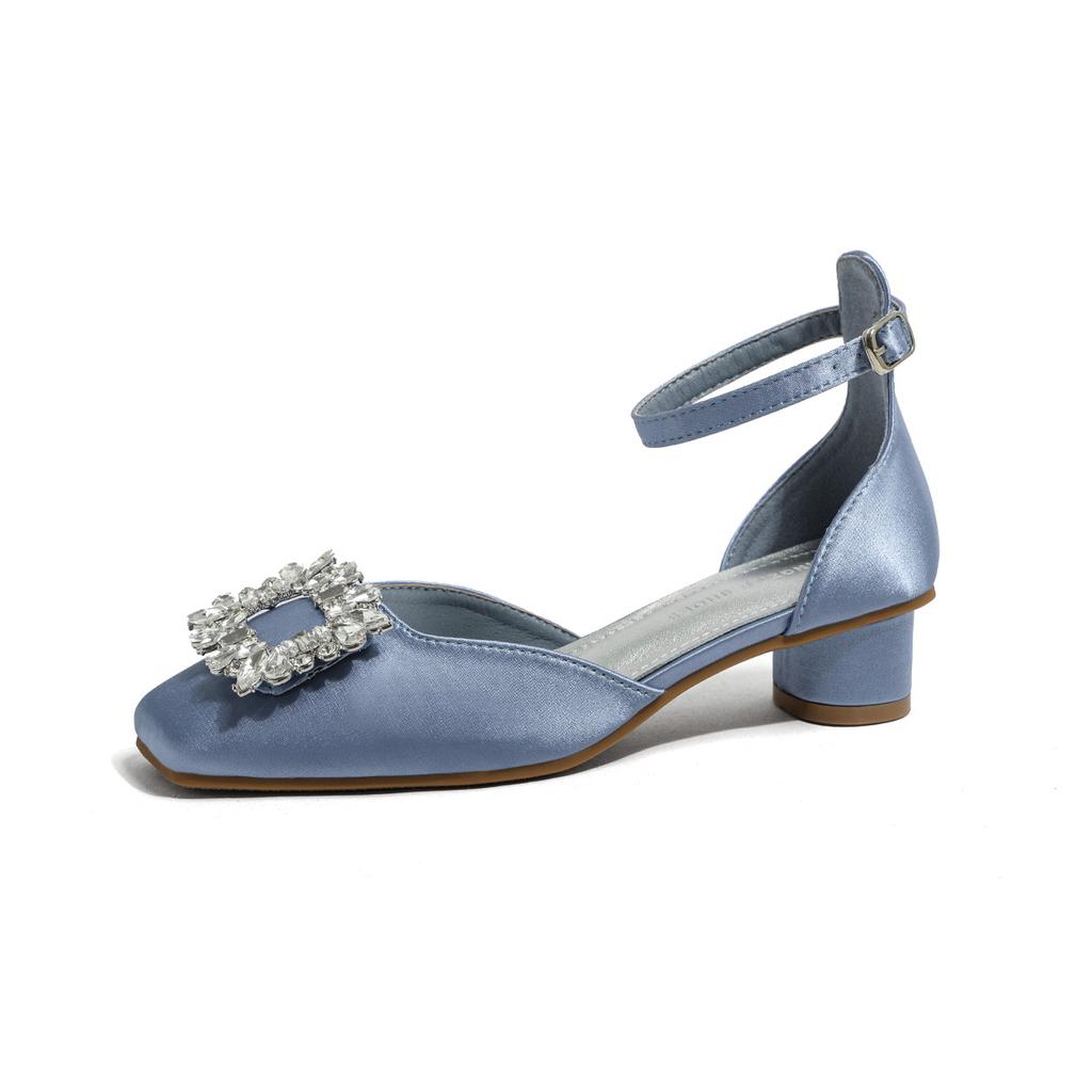 Rhinestone hollow sandals women's sheepskin leather head square buckle ankle buckle belt summer 2025 new thick heel bag head single shoes