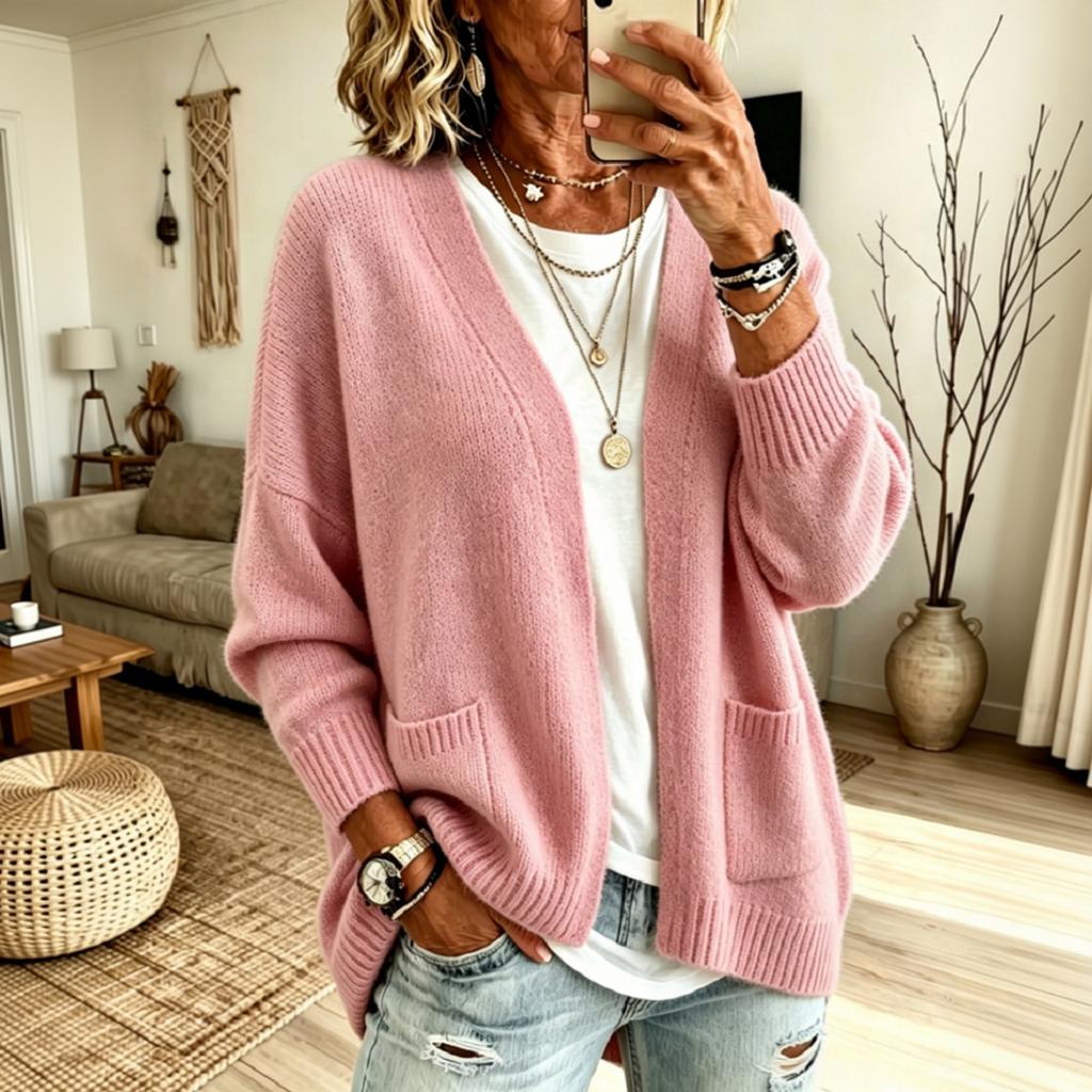 Women's Color Long Sleeve Loose Fit Cardigan Sweater with Pockets for Casual Daily Wear