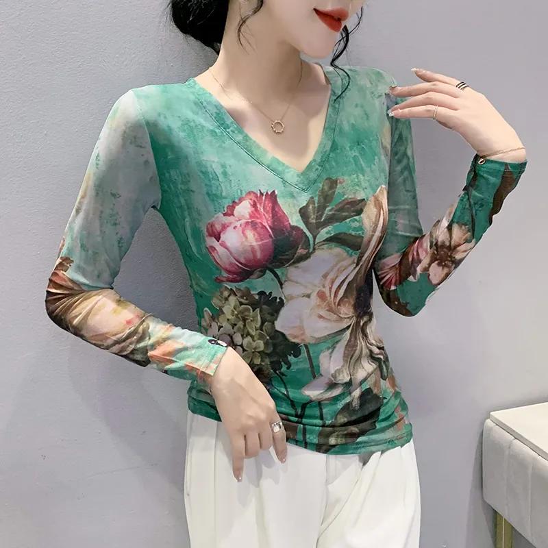 Women Green Floral Print V Neck Mesh Long Sleeve Slim Top S
