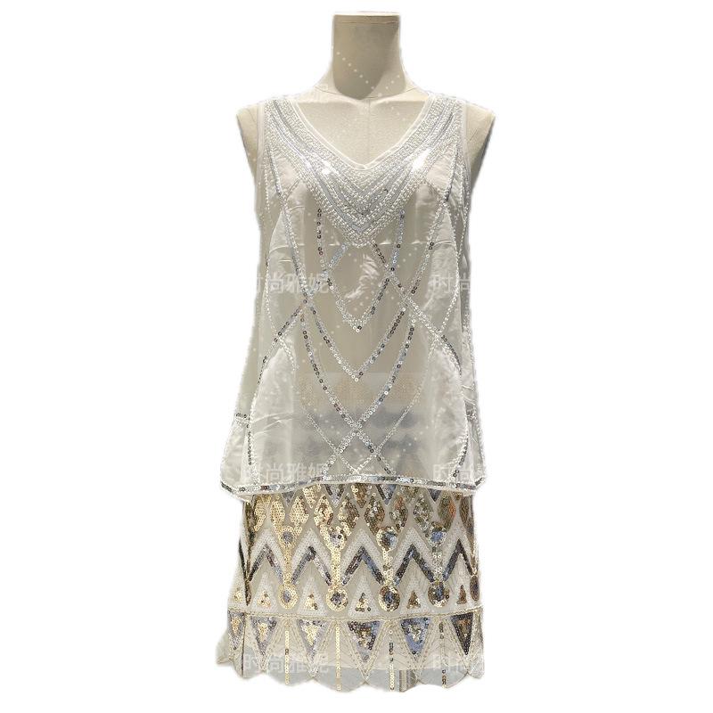 Fashion Yanni Luxury Beaded Sequin Hip-Hugging Skirt & Slimming Vest Top Set