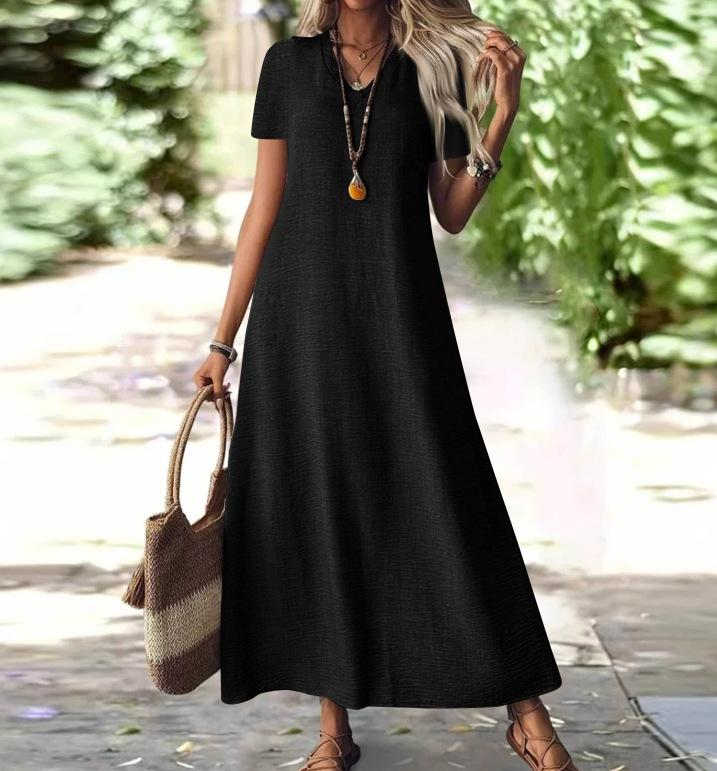 Neues Sommerkleid mit Reißverschluss hinten, kurzärmlig, aus Baumwolle und Leinen, einfarbig, modisch, figurbetont