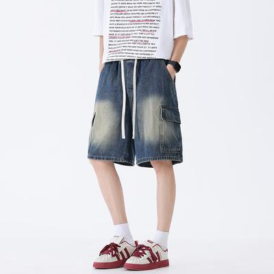 New Summer Style Full Elastic Waist Workwear Style Denim Fabric Versatile Men's 5-point Medium Pants