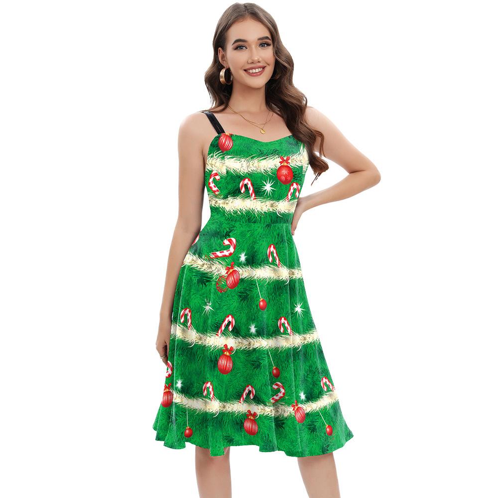 New candy Christmas dress, new European and American green digital print dress, slip dress for women