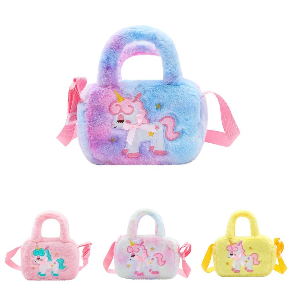 Colorful Plush Unicorn Handbag For Little Girls Lightweight And Breathable With Zippered Inner Pockets Yellow