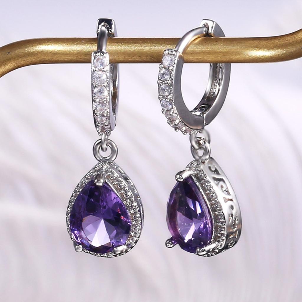Purple Teardrop Drop Earrings for Women Elegant Sparkling Hoop Jewelry
