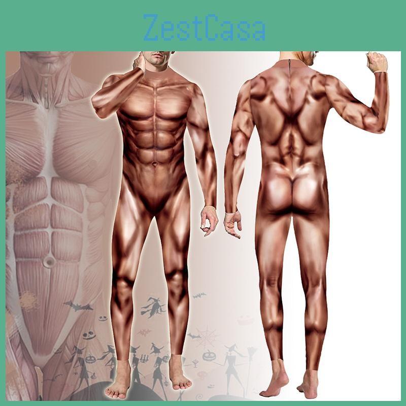 Digital Fitness Print Simulation Muscle Bodysuit  Men Stage Performance Clothing