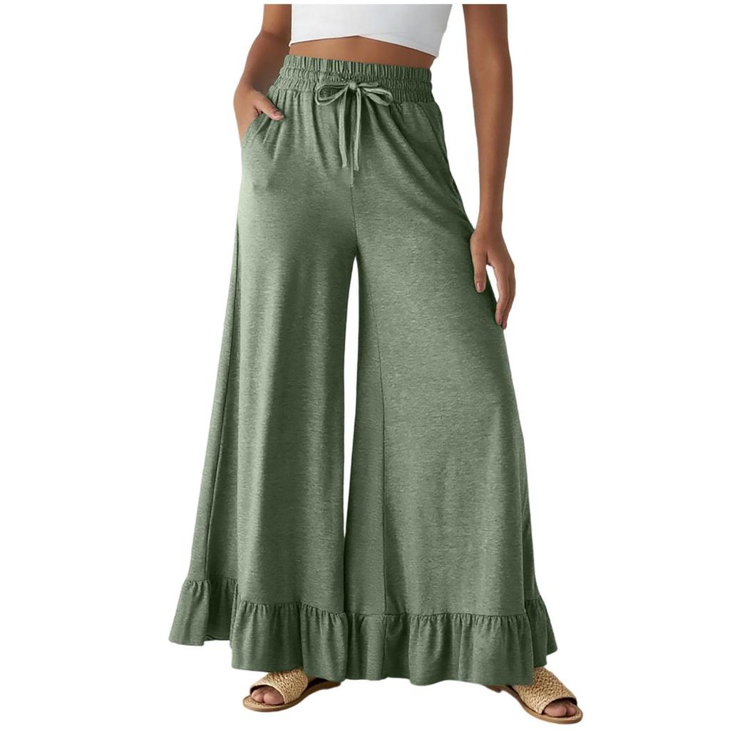 Women's Solid Color Ruffled Versatile Wide Leg Pants, Loose Casual Pants