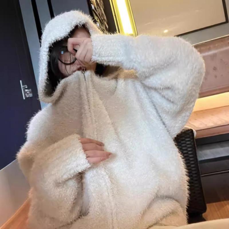 Autumn and winter new hairy hooded knitted cardigan women's loose lazy style thin zipper sweater jacket thickened tide