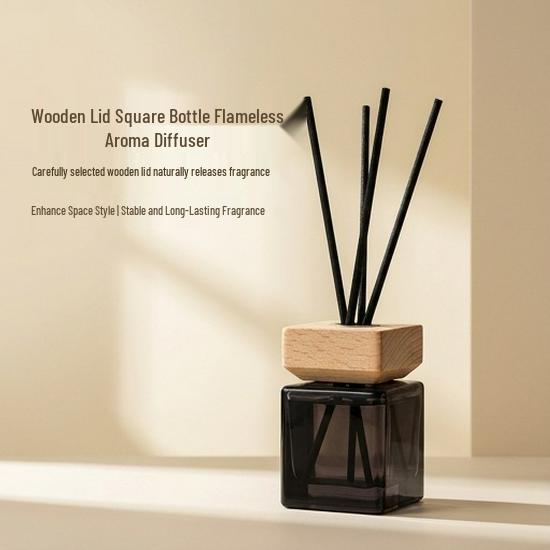 Flameless Hotel Aroma Essential Oil Bottle: Home Air Freshener & Toilet Deodorizer, Rattan Ornament Wooden Lid Square Bottle Aroma 100ml / Yinhaishan