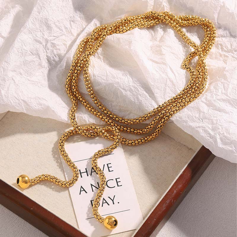 Stainless Steel Metal Round Ball Pendent Necklace for Women Vintage Gold Color Multi-layer Long Adjustable Sweater Chain Jewerly