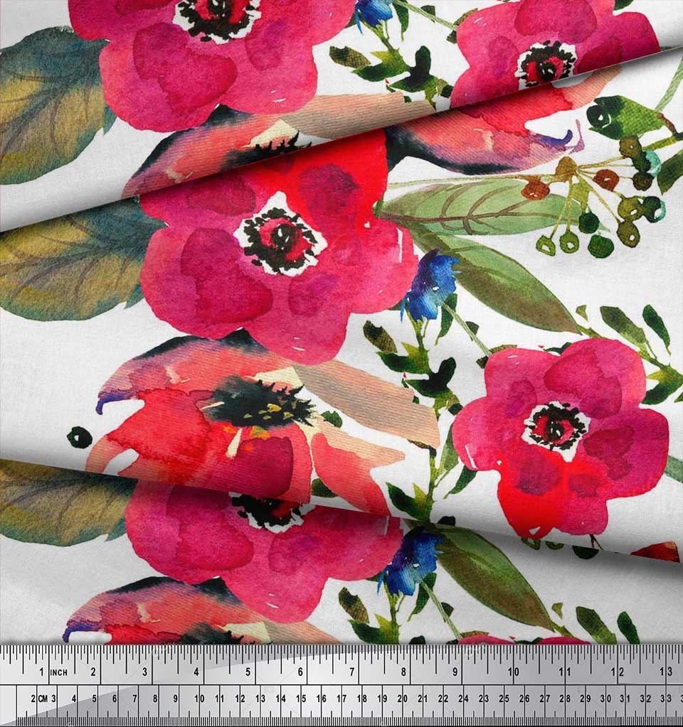 Soimoi Japan Crepe Satin Fabric Leaves & Poppy Flower Print Sewing Fabric Metre 42 Inch