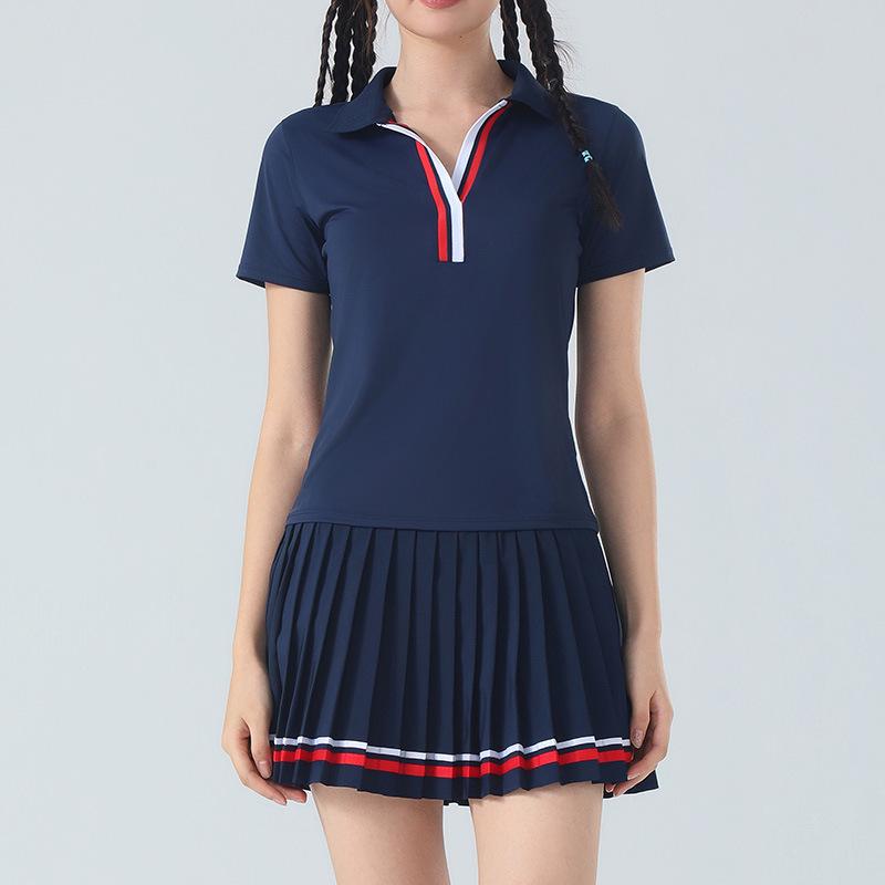 Women s Quick-Dry Breathable Polo & Pleated Skirt Set for Tennis, Golf, Running, Fitness L тёмно-синий