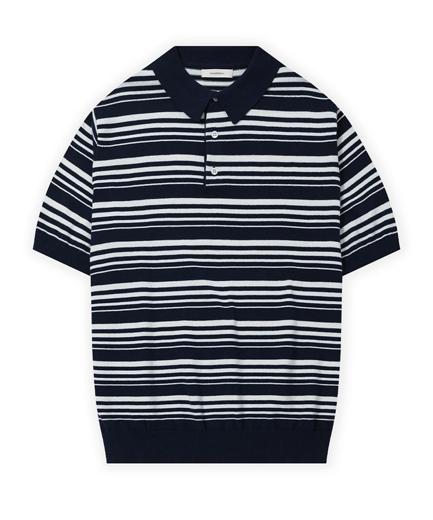 MANNERGRAM Nature Cotton 100% Striped Collared Short Sleeve Knit - 5 Colors