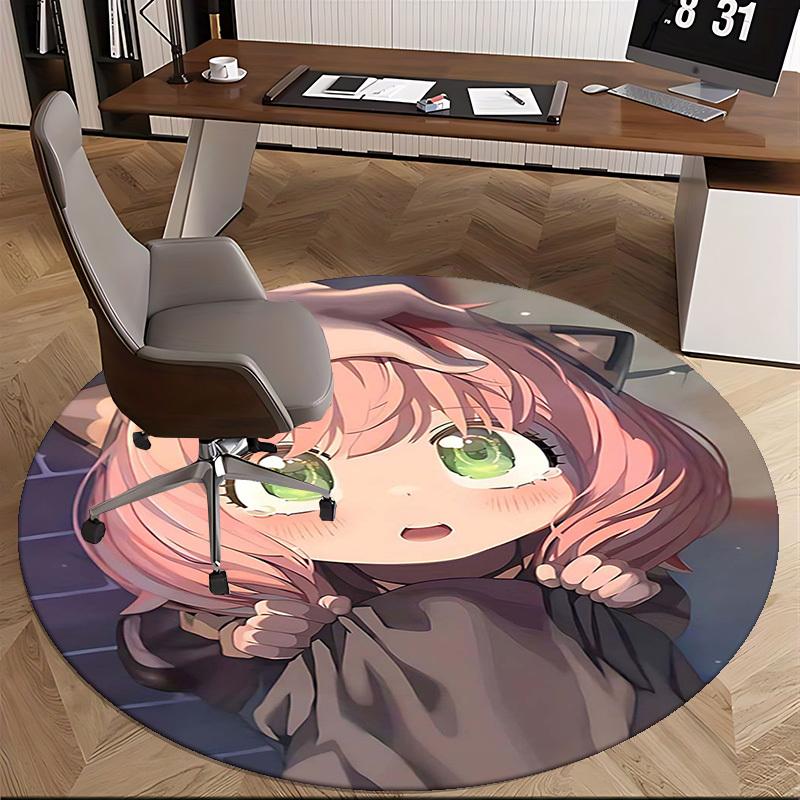 1pc Anime Design Round Carpet Cute Cat Girl with Pink Hair and Green Eyes, Office Chair Mat, Home Decor, Living Room, Bedroom, Non Slip Rug, Gift