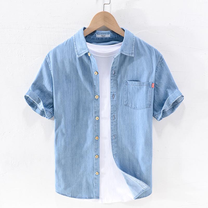Men Denim Shirt Thin Summer Half Sleeve Casual Top, Loose Trendy Handsome Short Sleeve Camping Denim Short Sleeve Jacket