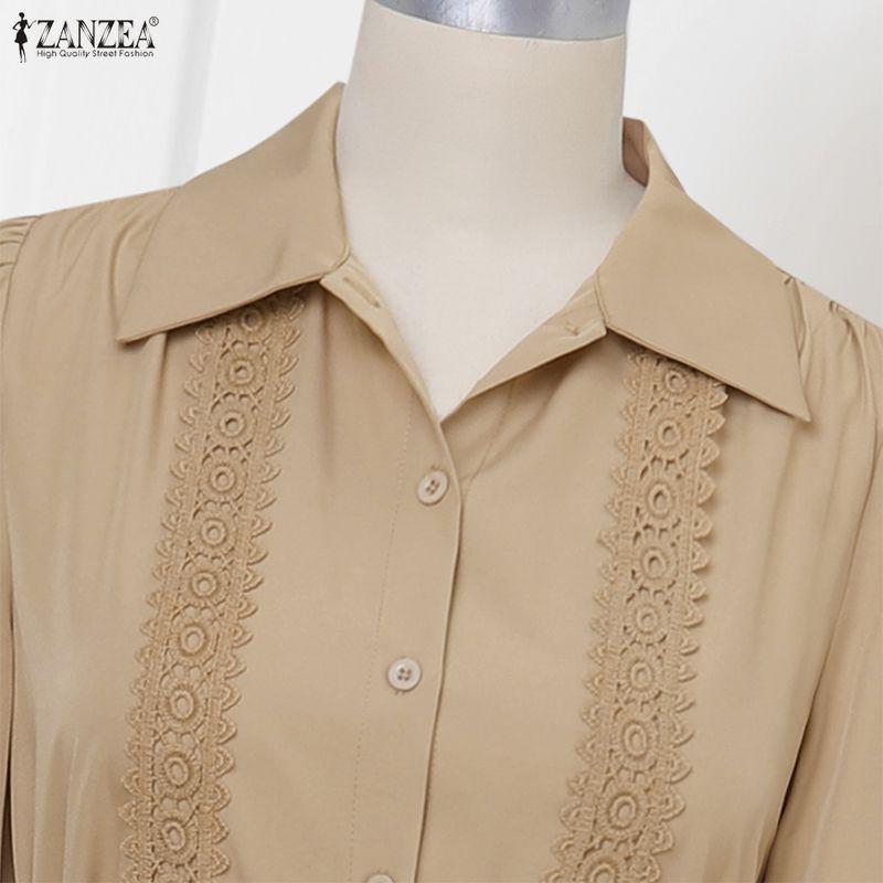 ZANZEA Women Casual Turn Down Collar Long Sleeve Elegant Lace Splice Long Dress