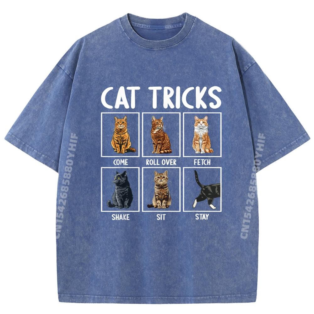 Cats Funny Cat Tricks Graphic T Shirts High Quality Adult Clothes Retro Washed Tops Tees Memorial Day