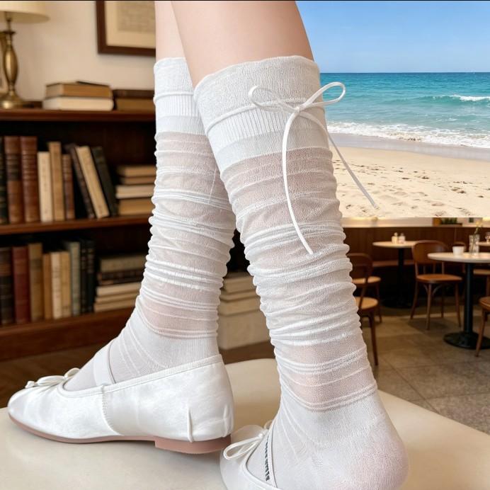 Korean Ballet Style Calf Socks Women's Spring and Summer Kola Stacking Socks Thin Breathable Jk Girl Bow Medium Tube Socks