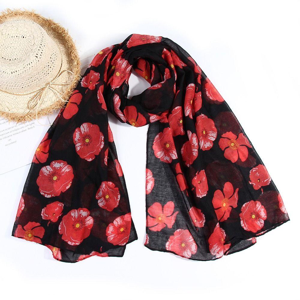 Colorful Poppy Print Scarf 180*90cm Smooth Poppy Floral Shawl Breathable Cotton Voile Poppies Floral Wrap for Women Ladies