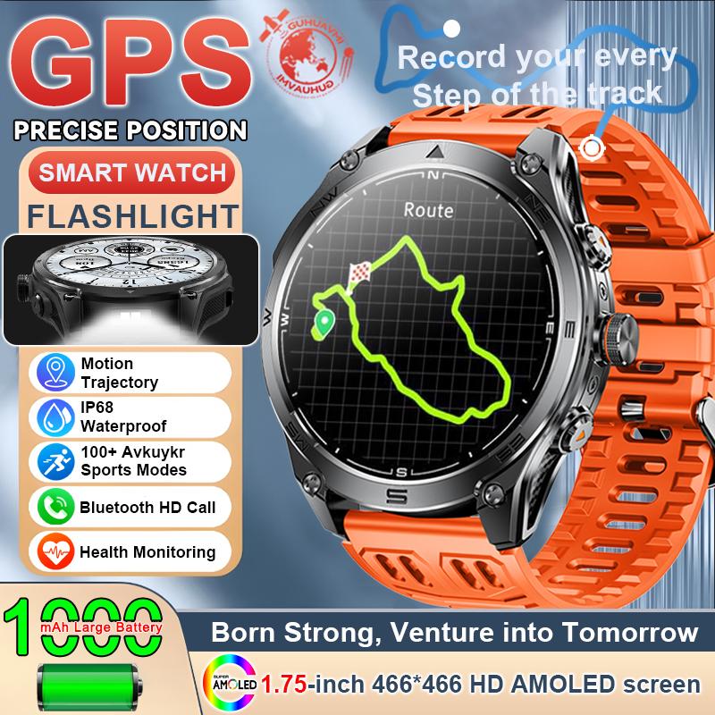 

1.75 AMOLED Screen Smart Watch Men 10ATM Waterproof Compass GPS Smartwatch Bluetooth Call 1000mAh Large Battery Sports Bracelet 1000mAh Battery помаранчевий
