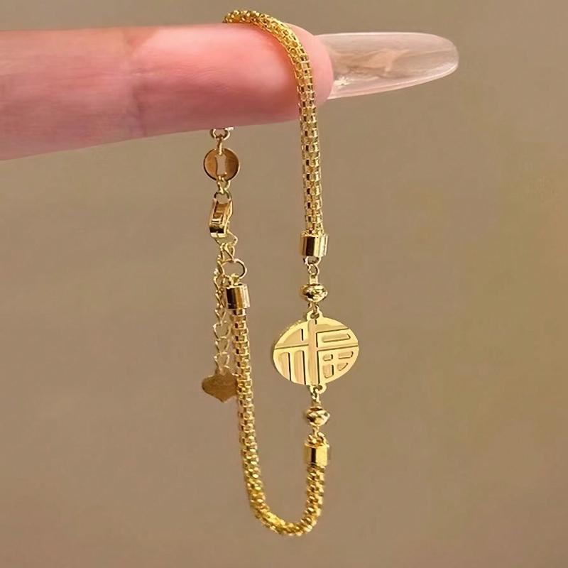 1pc Fashionable High-End Luxury Creative New Chinese-Style Double-Sided Fu Character Stainless Steel Bracelet For Women, Refined, Elegant