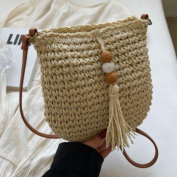 

2025 Women s Popular Woven Crossbody Bucket Bag - Travel Beach Straw Shoulder Bag for Summer