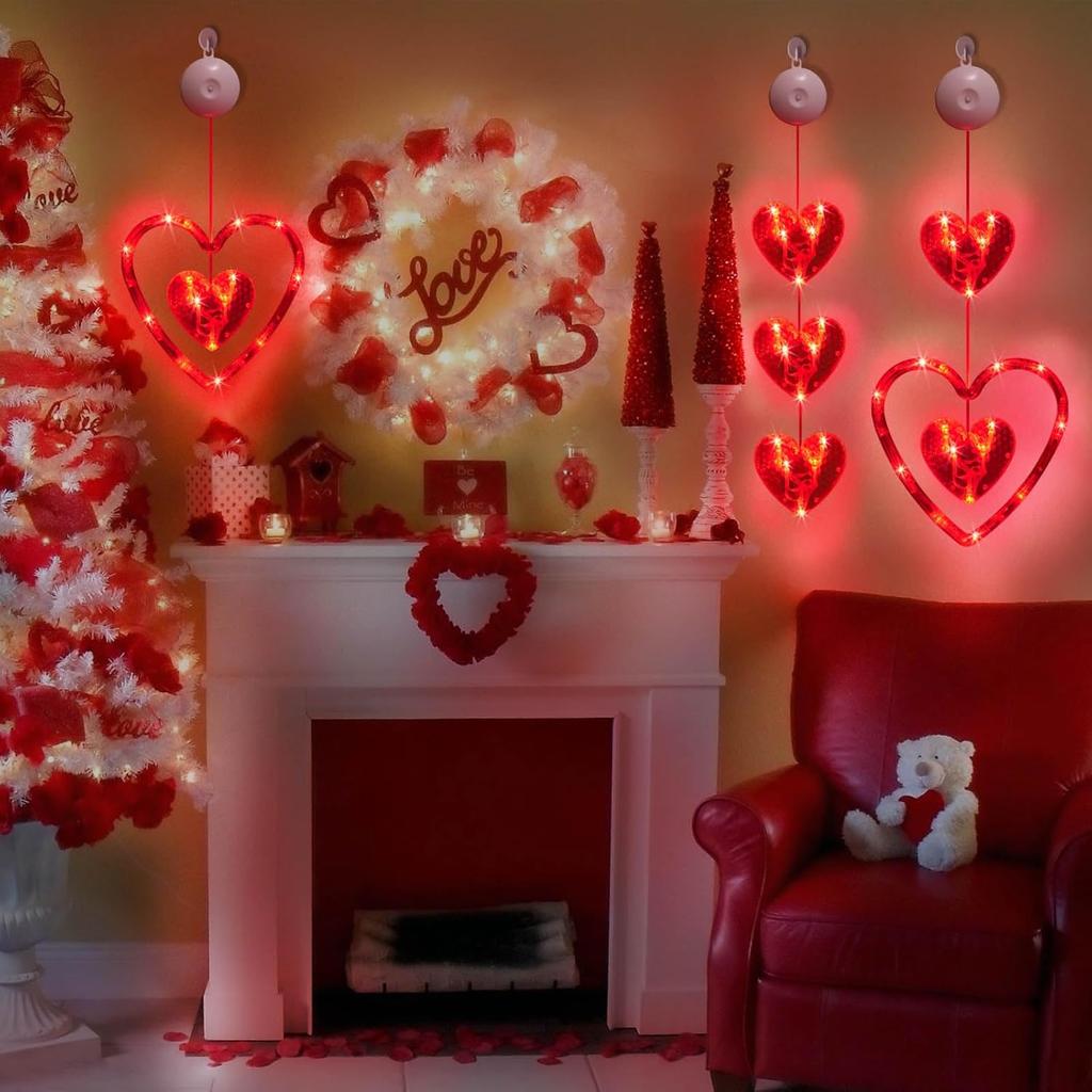 Homeleo 3-Pack Red Heart Window Lights for Valentine's Day Decor, Romantic Heart Shaped Hanging Lights w/Suction Cup for Wedding Anniversary Party