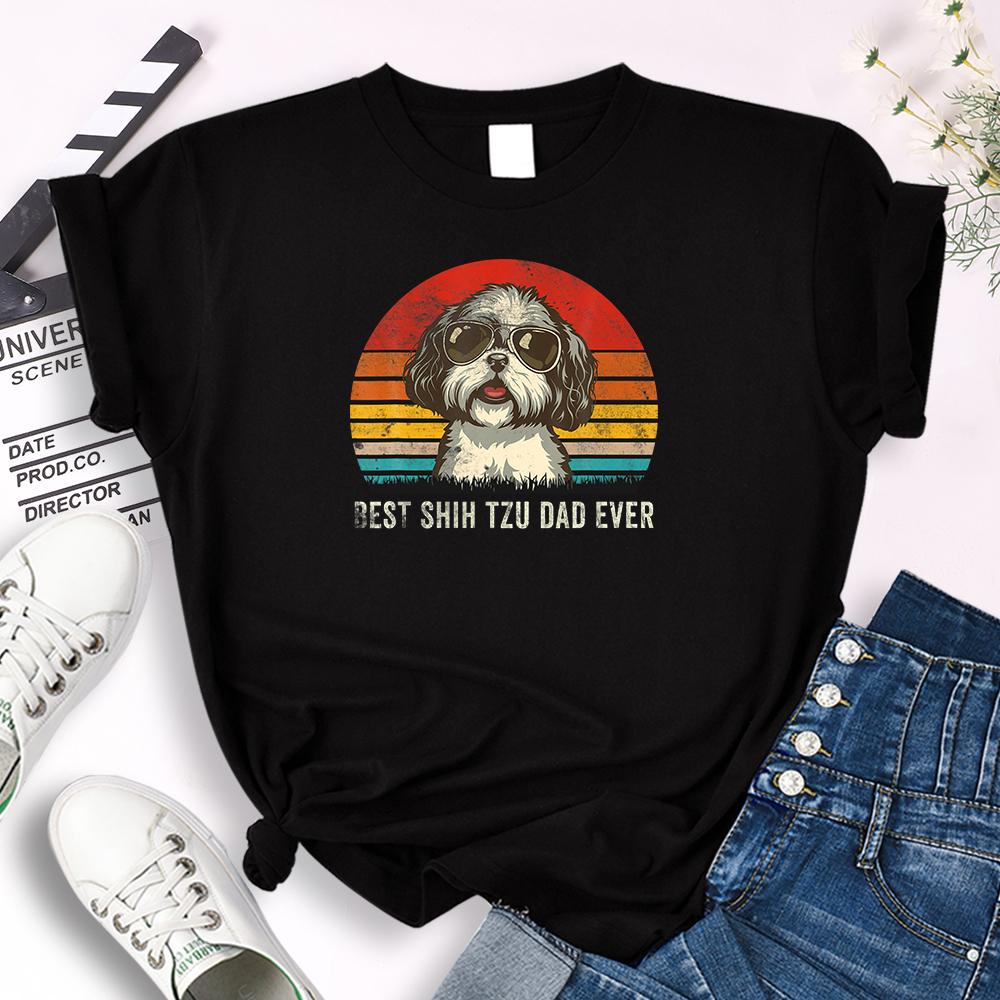 

T Shirts Womens Dog With Sunglasses Animal Cartoon Printing Tops Famele Oversized Round Neck Tees Kawaii Cosy Skin-Friendly Tees 3XL чорний