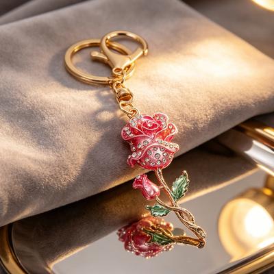 Keychain Pendant Rose Flower Shape Key Holder with Multicolor Rhinestones Anti-Oxidation Lobster Clasp Keyring Backpacks Car Accessory
