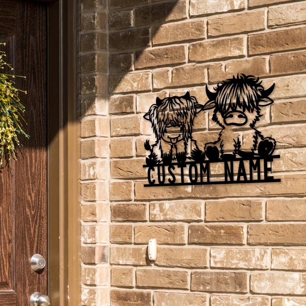 1pc Custom Highland Cow Metal Wall Art, Personalized Name Sign, Rustic Decor for Home, Balcony, Office, Gift, Wall Sculpture.