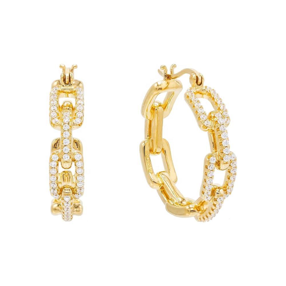 New Gold Plated White Rainbow Cubic Zirconia Open Link Chain Shape Hoop Earring