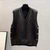 Women's Vintage V-Neck Knitting Vest Side Split Button Sleeveless Sweater Autumn Winter Solid Color Casual Waistcoat