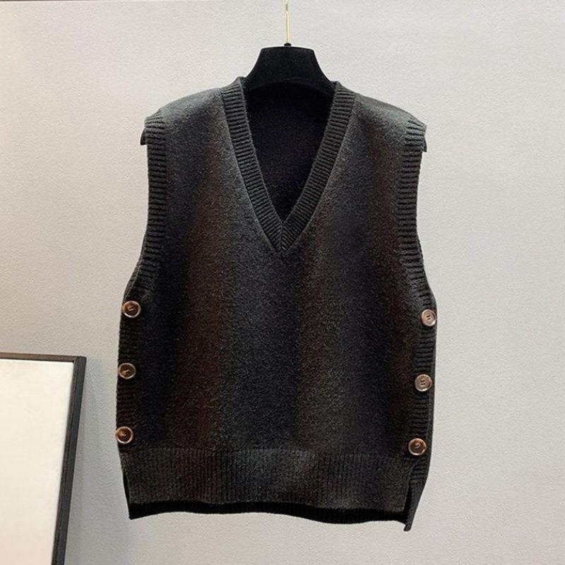 Women's Vintage V-Neck Knitting Vest Side Split Button Sleeveless Sweater Autumn Winter Solid Color Casual Waistcoat