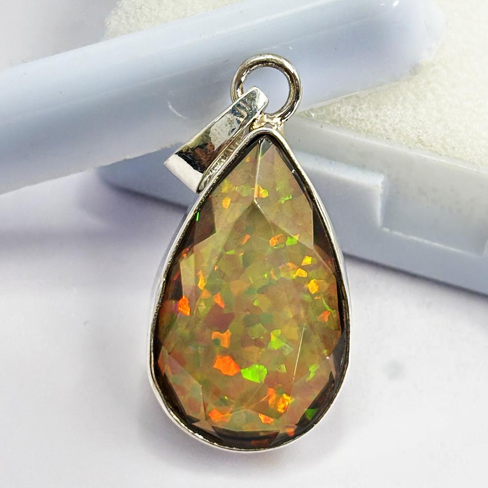 CERTIFIED Natural Fire Opal 24 Ct 925 Sterling Silver Pendant Pear Gems For Gift