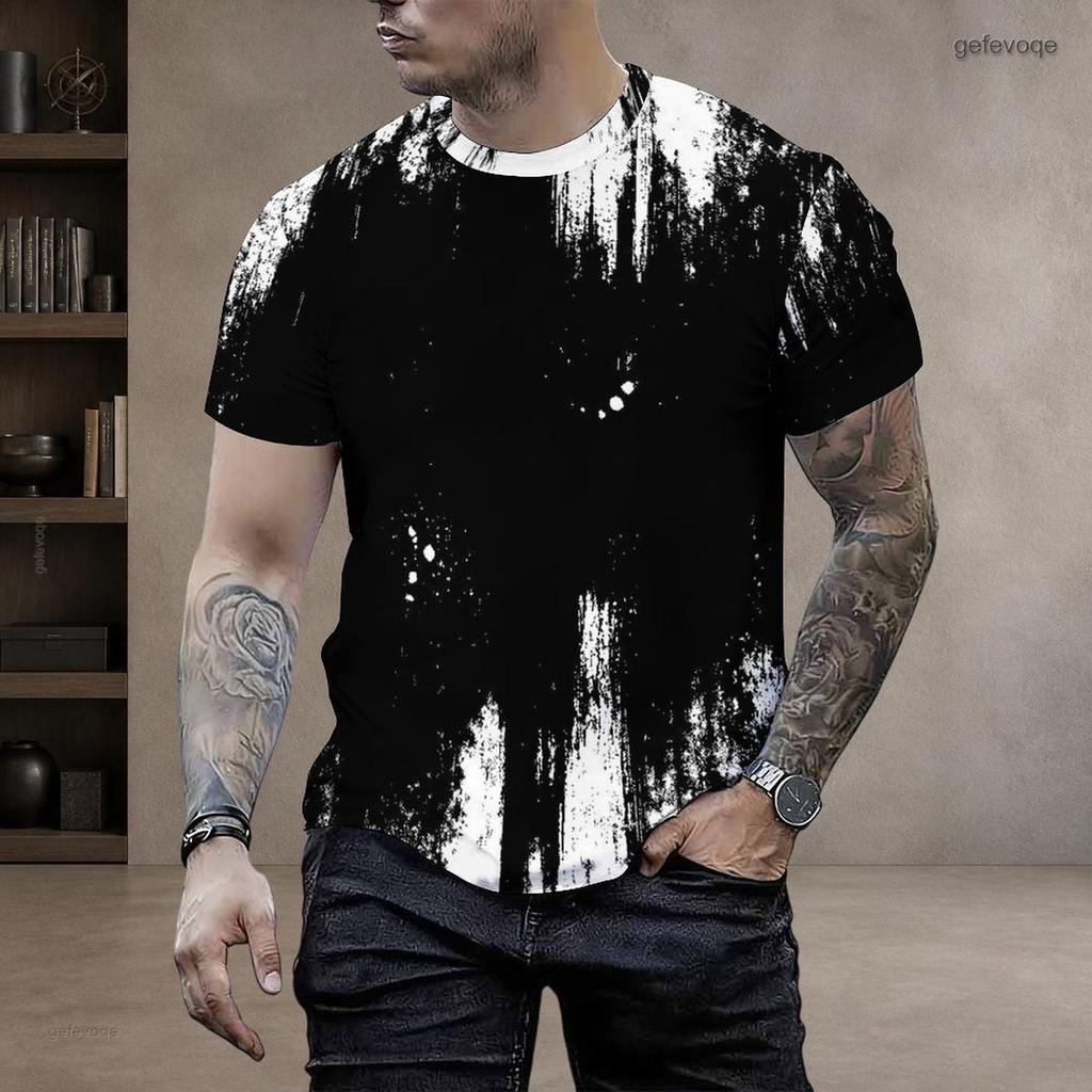 Men Plus Size Round Neck Short Sleeve T Shirt Black White Printed Pullover Straight Hem