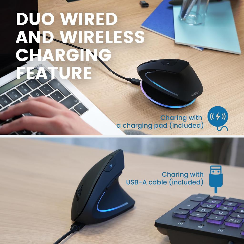 Perixx Wireless Rechargeable Ergonomic Mouse with Dual Wired and Wireless Charging Charging Pad Black PERIMICE-713RX - Included,