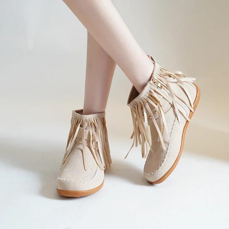 Bohemian Style Women Shoes  Autumn Winter Fashion Women's Tassel Boots Comfortable Flat Sole Ladies Ankle Boot  Mujer