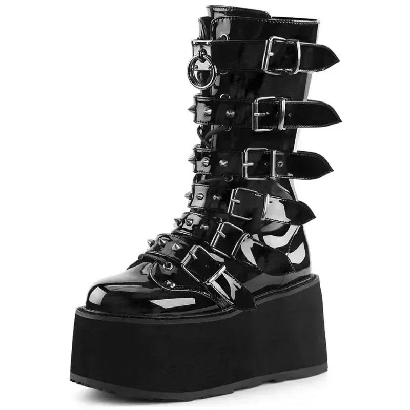 Fashion Gothic Street Cool Woman Boots Wedges Buckles Big Size 43 Glittered Black Chunky Platform Motorcycles Boots Women
