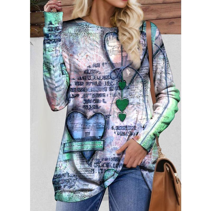 Spring and Autumn Round Neck Heart and Text Graphic 3D Printed Top Fashionable Casual Long Sleeved Women's T-shirts