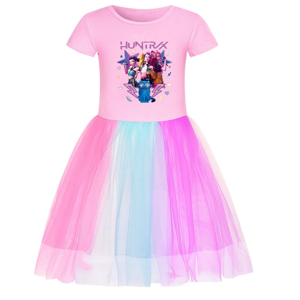 

4175 Kids Girls Kpop Demon Rumi Zoey Mira Hunters Print Rainbow Dress 110cm розовый